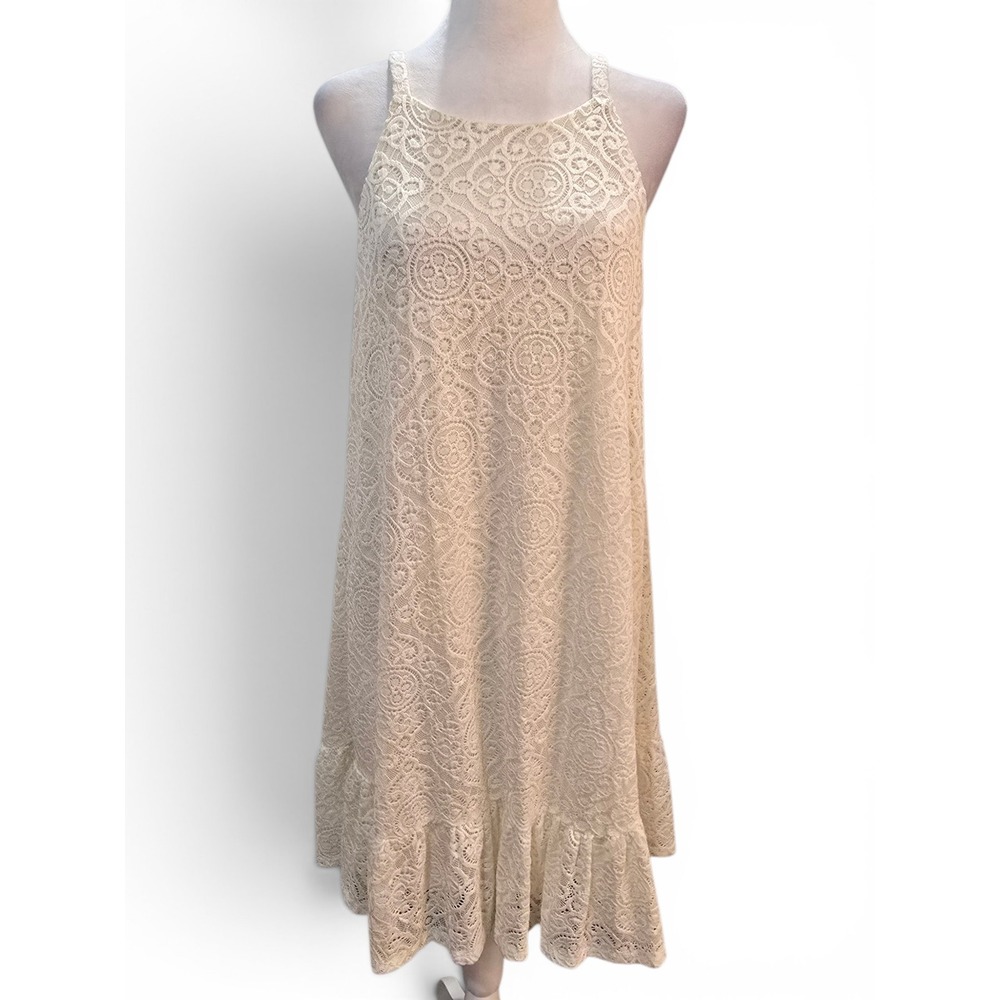 Luxology Women Ivory Lace Ruffle Hem Shift Dress Size 12 Sleeveless Mini (2/700)